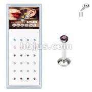 24 Pcs Pre Loaded Internally Threaded Press Fit Gem Ball 316L Stud Pack for Labret, Lip, Monroe and Ear Cartilage