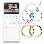 20 Pcs Pre Loaded Box of Fixed Opal Ball 316L Surgical Steel Hoop Rings for Nose, Ear Cartilage, Lip and More