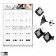  20 Pairs Of Assorted Size Square CZ Set Blac IP 316L Surgical Steel Earring Studs Preloaded Into Puff Pad Acrylic Display Case (4 Pairs x 5 Sizes)