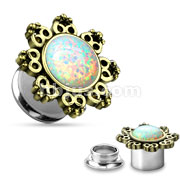 Lotus Flower with Opal Ball Antique Gold 316L Surgical Steel Screw Fit Single Flared Tunnels