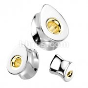 Solid 316L Surgical Steel Double Flared Teardrop Saddle Plug With Gold Hollow Center