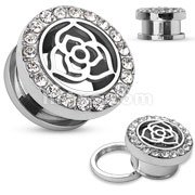 Crystal Paved Rim with Rose Center Top 316L Surgical Steel Screw Fit Flesh Tunnel