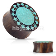 Crushed Turquoise Tribal Sunburst Inlaid Organic Sono Wood Double Flared Saddle Plugs