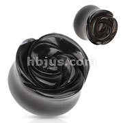 Black Agate Semi Precious Stone Rose Carved on Single Side Double Flared Plug