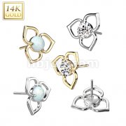 14K Gold Threadless Push In Hollow Flower Top With Opal or CZ Center