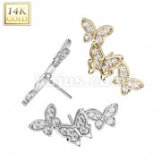 14K Gold Threadless Push In CZ Pave Triple Butterfly Top