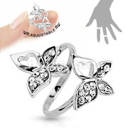 Double Butterfly Multi-Paved Gems Adjustable Rhodium Plated Brass Mid-Ring