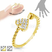 Heart Multi-Pave Gems Adjustable Rhodium Plated Brass Mid-Ring/Toe-Ring
