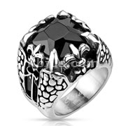 Faceted Onyx Square Gem Royal Fleur De Lis Dragon Claw Cast Ring Stainless Steel 