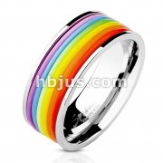 Rainbow Rubber Striped Band Ring Stainless Steel 