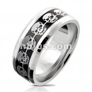 Silver Skulls Repeating on Black Background Inlay Stainless Steel Ring