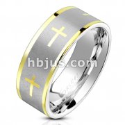 PVD Gold Cross with Brush Finished Center and Gold Edge Stainless Steel Rings