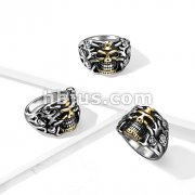 Gold PVD Skull with Rose Vines Stainless Steel Ring
