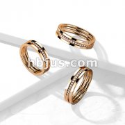 Triple Line Middle CZ Paved Slant Rose Gold PVD Stainless Steel Ring