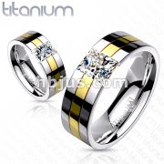 Gold Plated with CZ Stone Ring Solid Titanium 