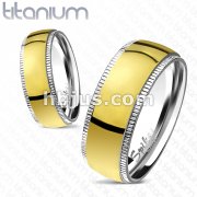 Solid Titanium Line Groved Edge with Gold IP Dome Center Band Ring
