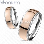 Solid Titanium Line Groved Edge with Rose Gold IP Dome Center Band Ring