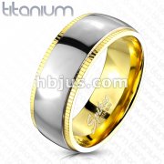 Solid Titanium Line Groved Gold Edge with dome Center Shiny Cent Band Ring