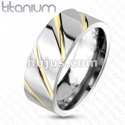 Diagonal Multi-Groove Gold IP Band Ring Solid Titanium 