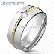 CZ Round Gold IP Stripe Center Band Ring Solid Titanium 