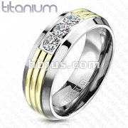 Grooved Gold IP Center Triple CZ Band Ring Solid Titanium 