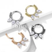 High Quality Precision All 316L Surgical Steel Hinged Segment Hoop Ring with 3 Prong Set Pear CZ and bead
