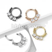 High Quality Precision All 316L Surgical Steel Hinged Segment Hoop Ring with 3 Prong Set Round CZ and beads