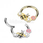 High Quality Precision 316L Surgical Steel Hinged Segment Ring With Bee, Pink Flower and Pearls