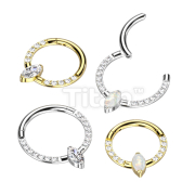 Implant Grade Titanium Hinged Segment Hoop Ring With Marquise CZ or Opal Center and Pave CZ Sides