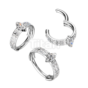 Implant Grade Titanium Hinged Segment Hoop Ring With Outward Facing Double-Lined CZ and Center Marquise CZ