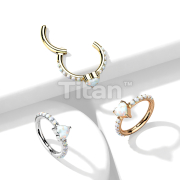 Implant Grade Titanium Hinged Segment Hoop Ring With Opal Heart Center and Pave Opal Sides