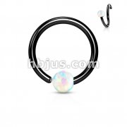 Black IP Plated 316L Surgical Steel White Opal Ball Fixed On End Hoop Rings
