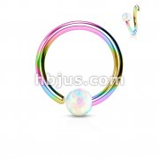 Rainbow IP Plated 316L Surgical Steel White Opal Ball Fixed On End Hoop Rings