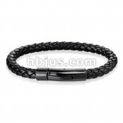 Black Bolo Braided Cord with Black IP Catch Lock Stainless Steel Clasp Leather Bracelet
