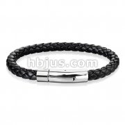 Black Bolo Braided Cord with Catch Lock Stainless Steel Clasp Leather Bracelet