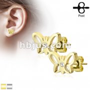Hollow Butterfly with Crystal Center 316L Stainless Steel Earring Studs Pair