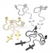 Pair of 316L Surgical Steel CZ Stud Earrings With Chain Link and Cross Dangling