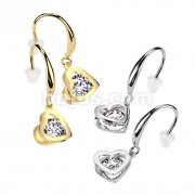Pair of Stainless Steel Hollow Heart Dangle With Round CZ Hook Earrings