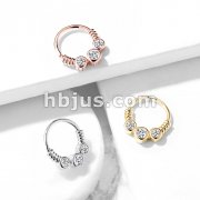 3 CZ Set Between Coiled Wire Bendable Hoop Rings for Septum, Ear Cartilage, Daith, and More