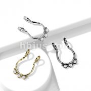 316L Fake Septum Ring with 3 Round CZ Flat Balls and Beads 
