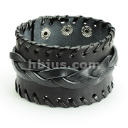Black Leather Wide Weaved Bracelet with Adjustable Snap Closure