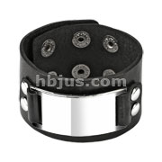 Black Leather Buckle Plate Bracelet with Adjustable Snap Closure