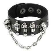 Black Leather Bracelet with Chained Skulls and Three Bullets