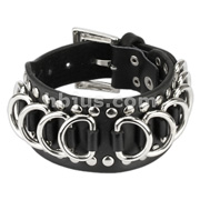 Black Leather Bracelet with Multi D-Rings and Studded Balls