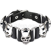 Black Leather Bracelet with Steel Frankenstein Skull with Adjustable Buckle End Closure