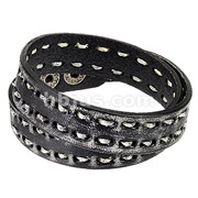 Black Grunge Leather Double Wrap with Thick Stitches Bracelet   