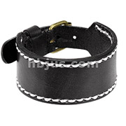 Black Leather Bracelet with Stitched Border with Adjustable Buckle End Closure