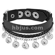 Black Leather Braided Bracelet with Coin Charms