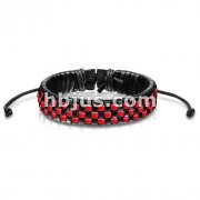 Black and Red Checker Weaved Layers Leather Bracelet with Drawstrings