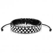 Black and White Checker Weaved Layers Leather Bracelet with Drawstrings